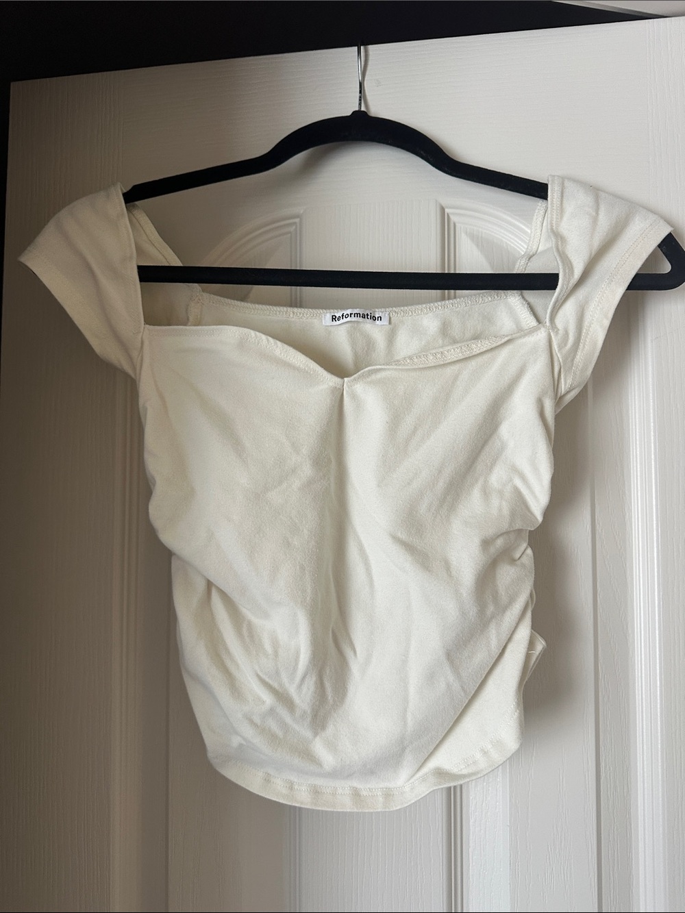 Reformation Cream Off-Shoulder Sweetheart Crop Top
